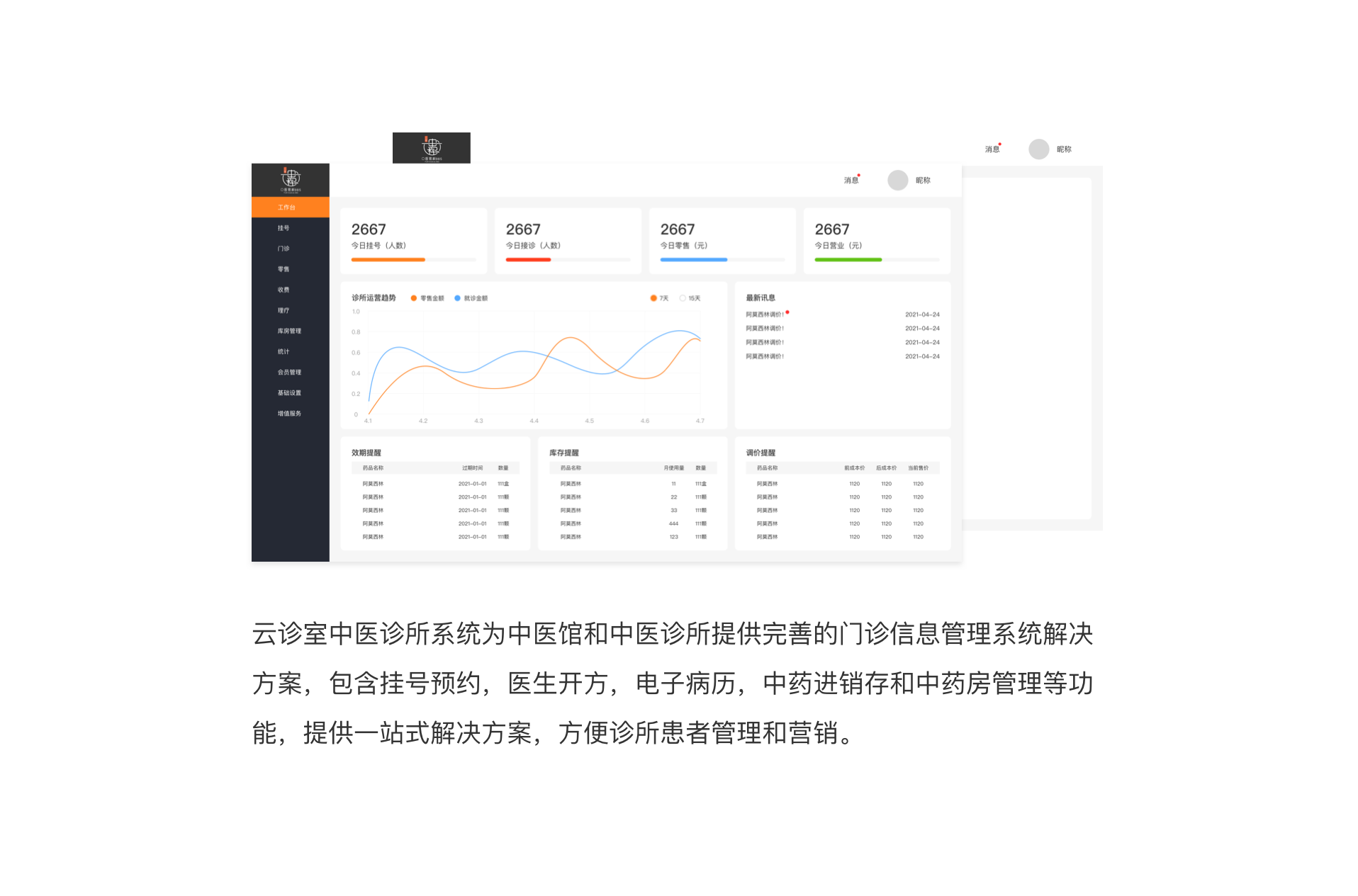 云診室中醫診所系統為中醫館和中醫診所提供完善的門診信息管理系統解決方案，包含掛號預約，醫生開方，電子病歷，中藥進銷存和中藥房管理等功能，提供一站式解決方案，方便診所患者管理和營銷。